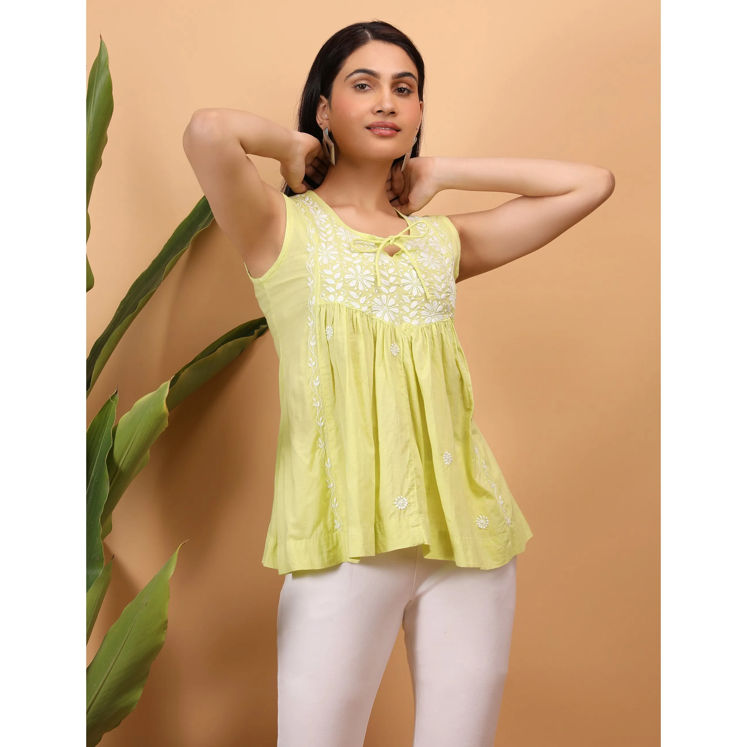 Yellow - Shwet Women Yellow Chikankari Sleevless Yoke Top