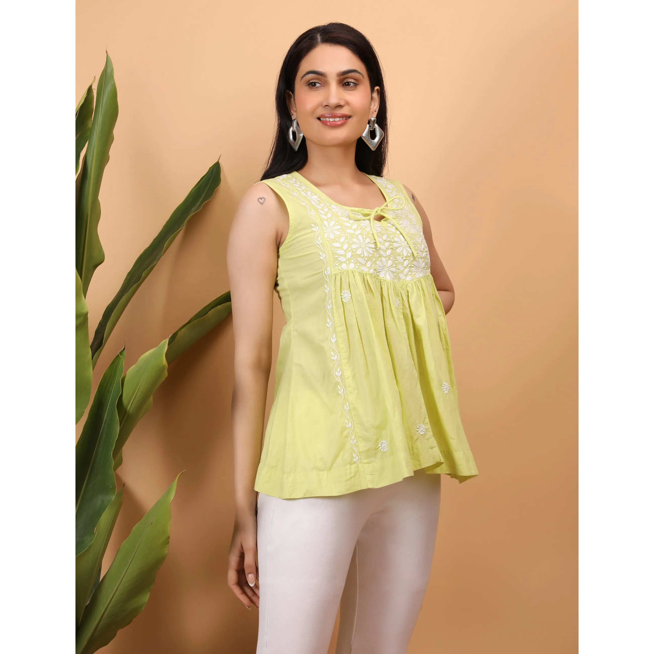 Yellow - Shwet Women Yellow Chikankari Sleevless Yoke Top