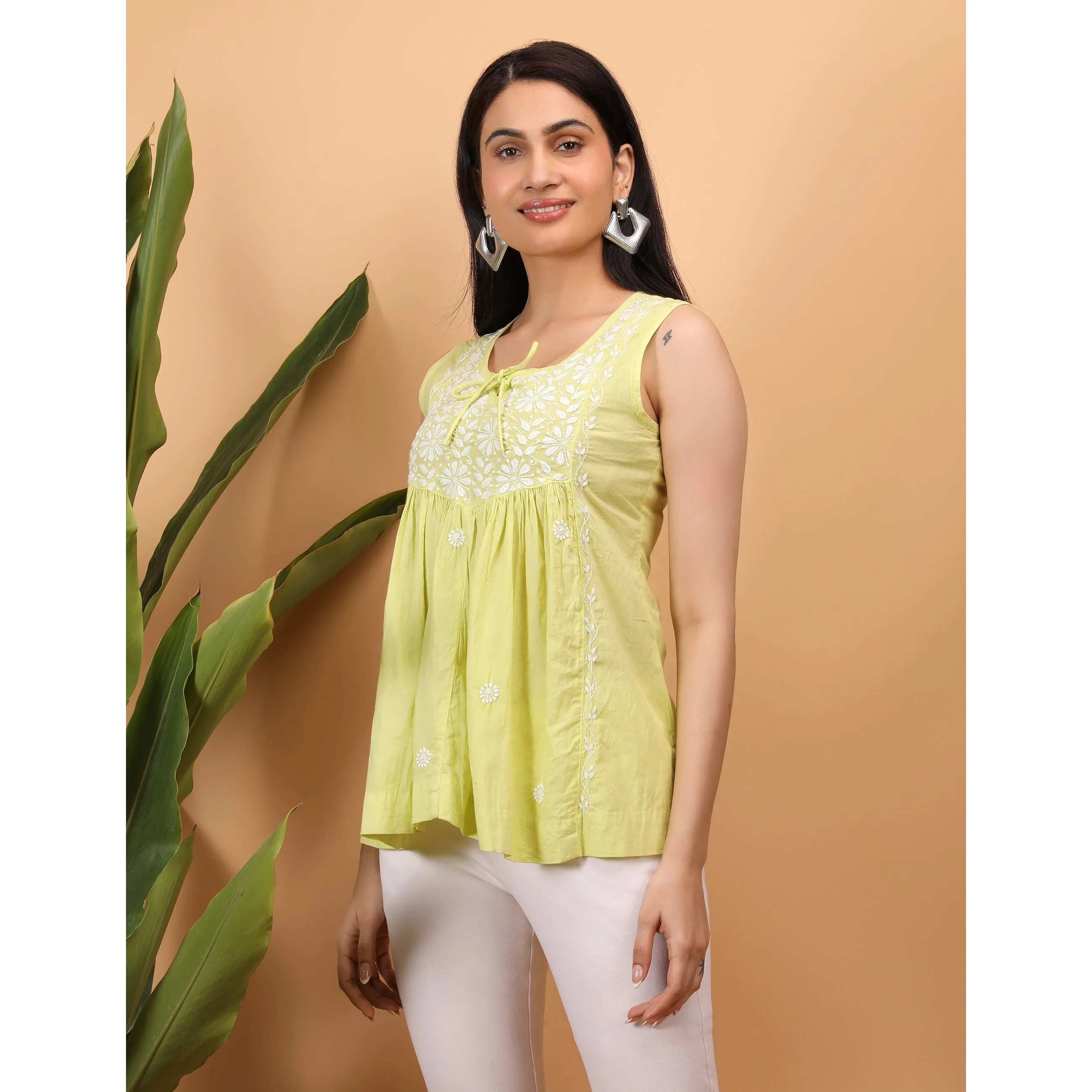 Yellow - Shwet Women Yellow Chikankari Sleevless Yoke Top