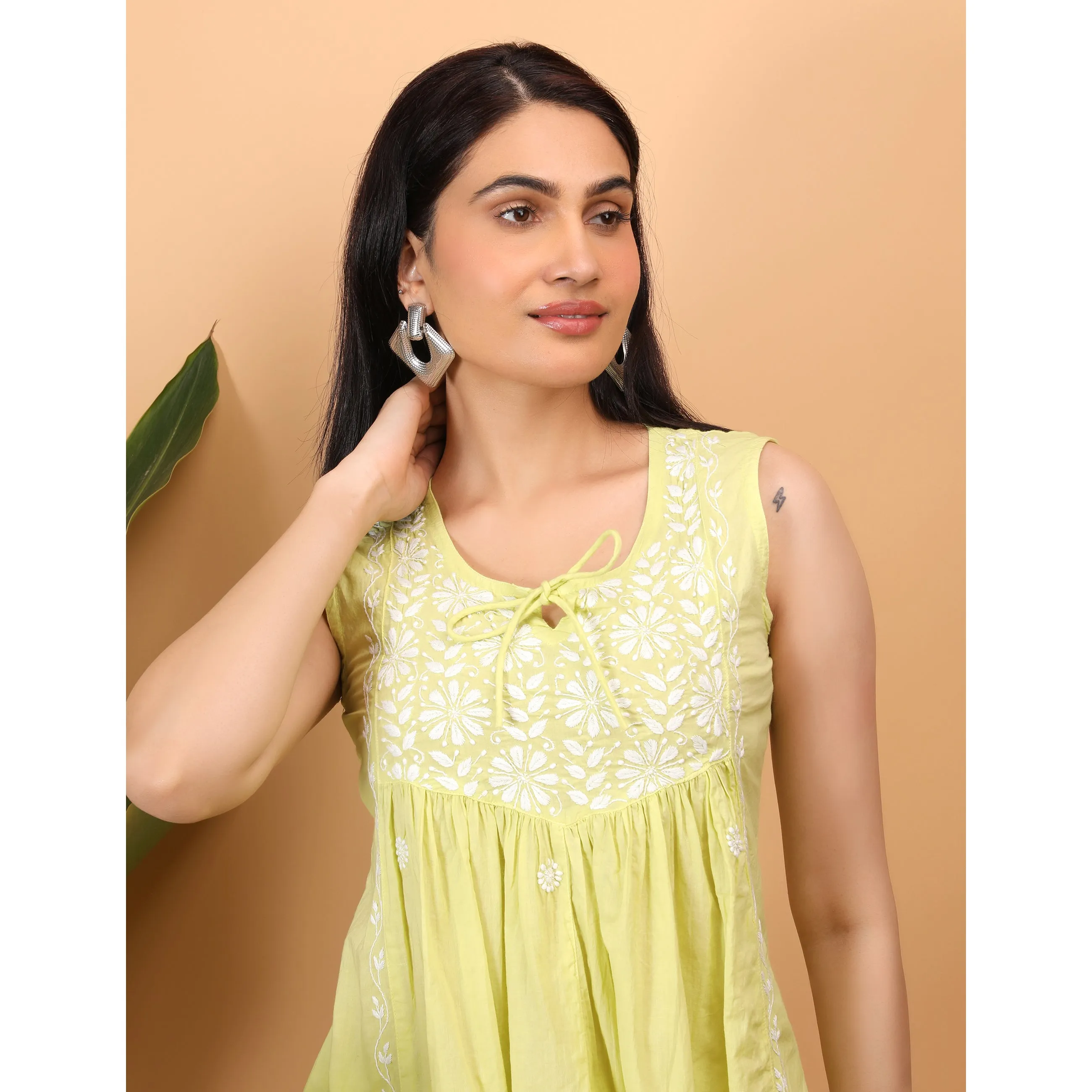 Yellow - Shwet Women Yellow Chikankari Sleevless Yoke Top