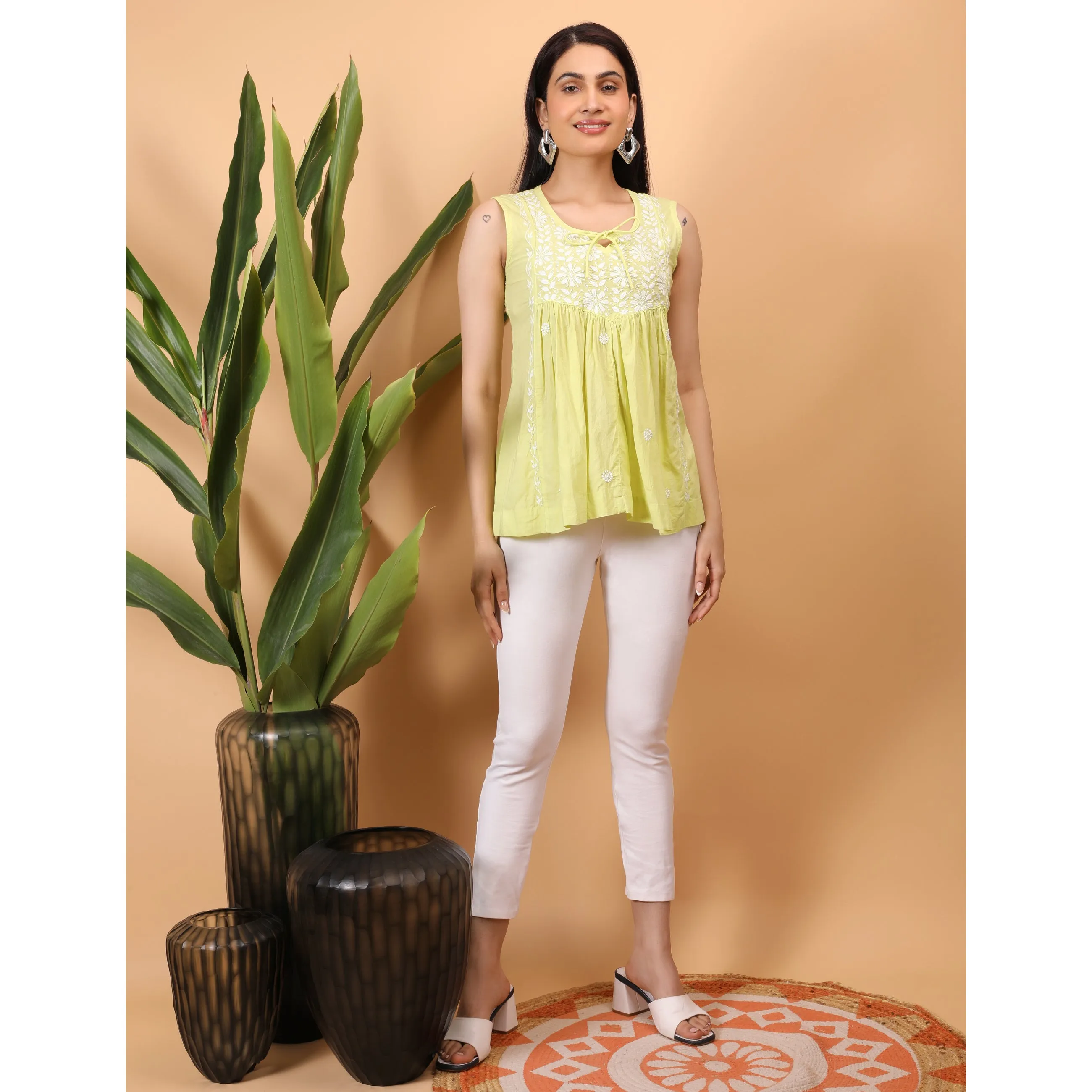 Yellow - Shwet Women Yellow Chikankari Sleevless Yoke Top